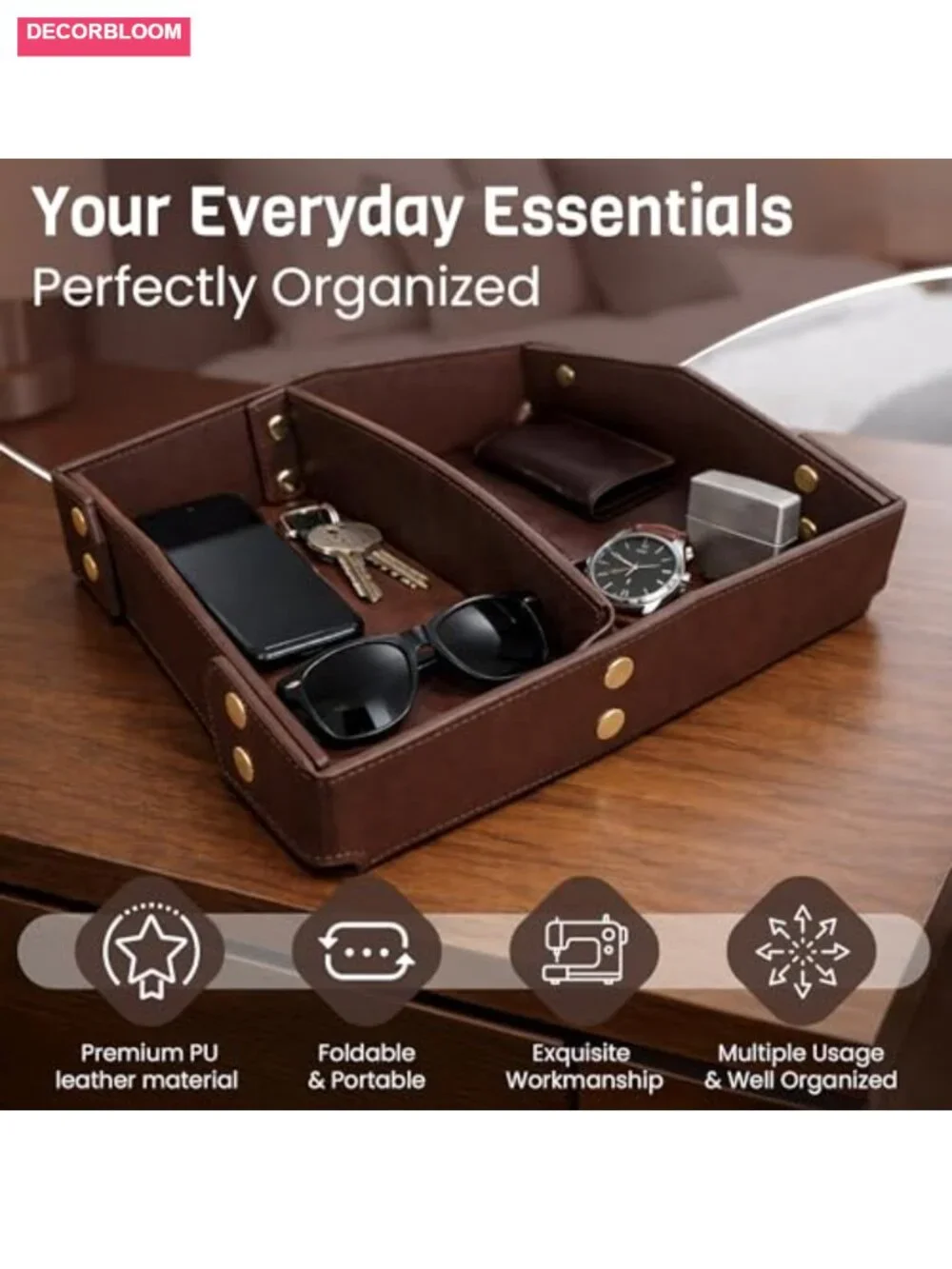 PU Leather Catch All Tray with Removable Divider - EDC Organizer